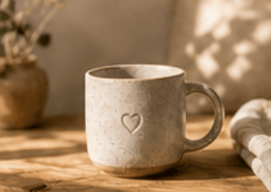 Ceramic mug styled in warm natural light