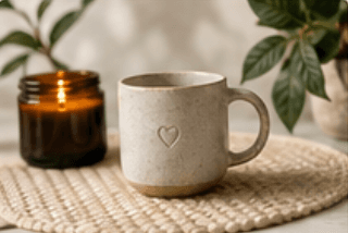 Ceramic mug beside an amber candle and leaves