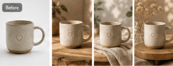 Ceramic mug before and styled scenes