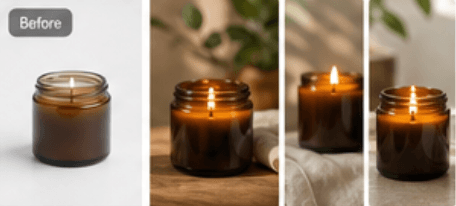 Amber candle before and styled scenes