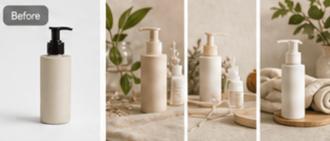Body care bottle before and styled scenes