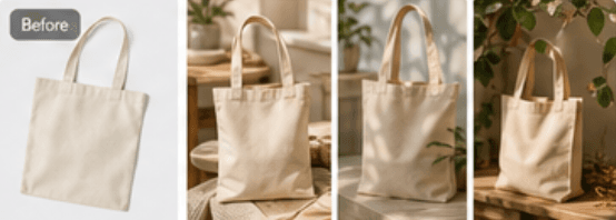 Canvas tote before and styled scenes