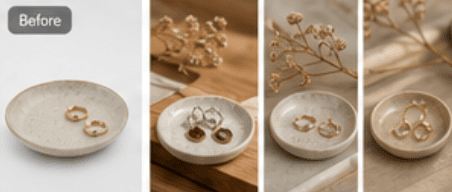 Handmade jewelry before and styled scenes