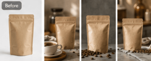 Coffee pouch before and styled scenes