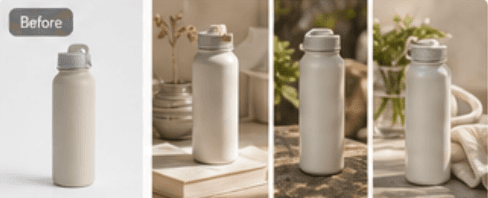 Water bottle before and styled scenes