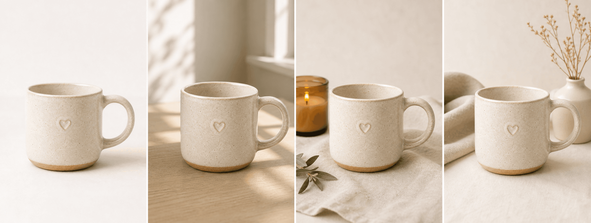 A real ceramic mug shown before and in three warm Etsy product photography scenes