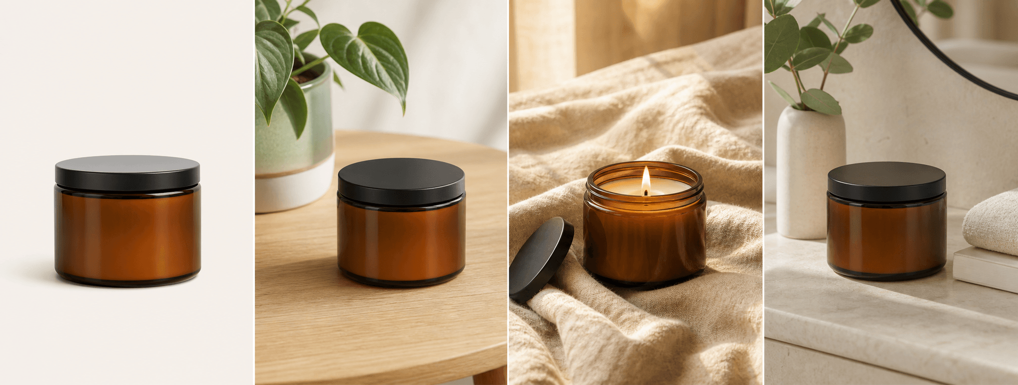 An amber candle shown before and in three warm candle product photography scenes