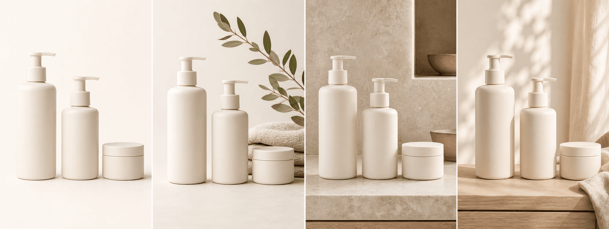 Skincare bottles shown before and in three clean natural skincare product photography scenes