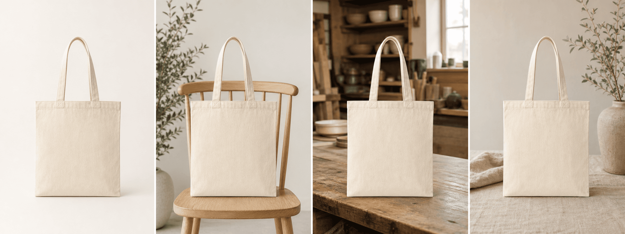 A canvas tote shown as a real source image and in three Etsy listing photo scenes