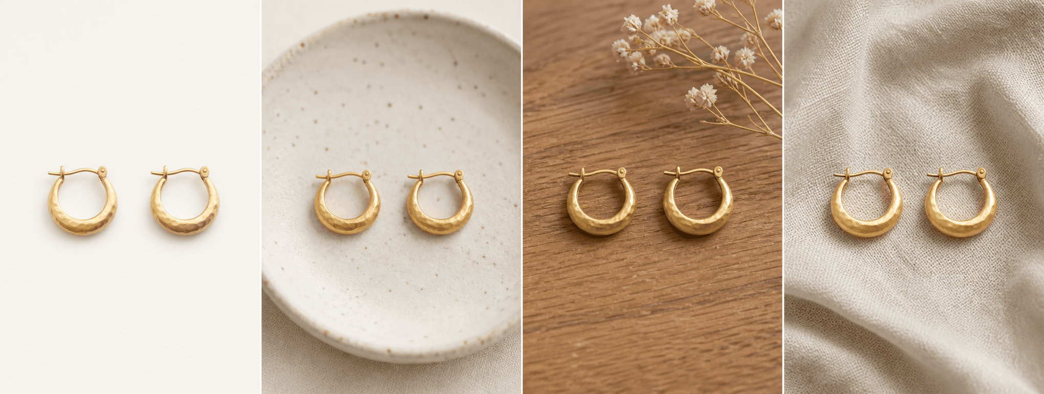 A jewelry piece shown before and in three softly lit jewelry product photography scenes