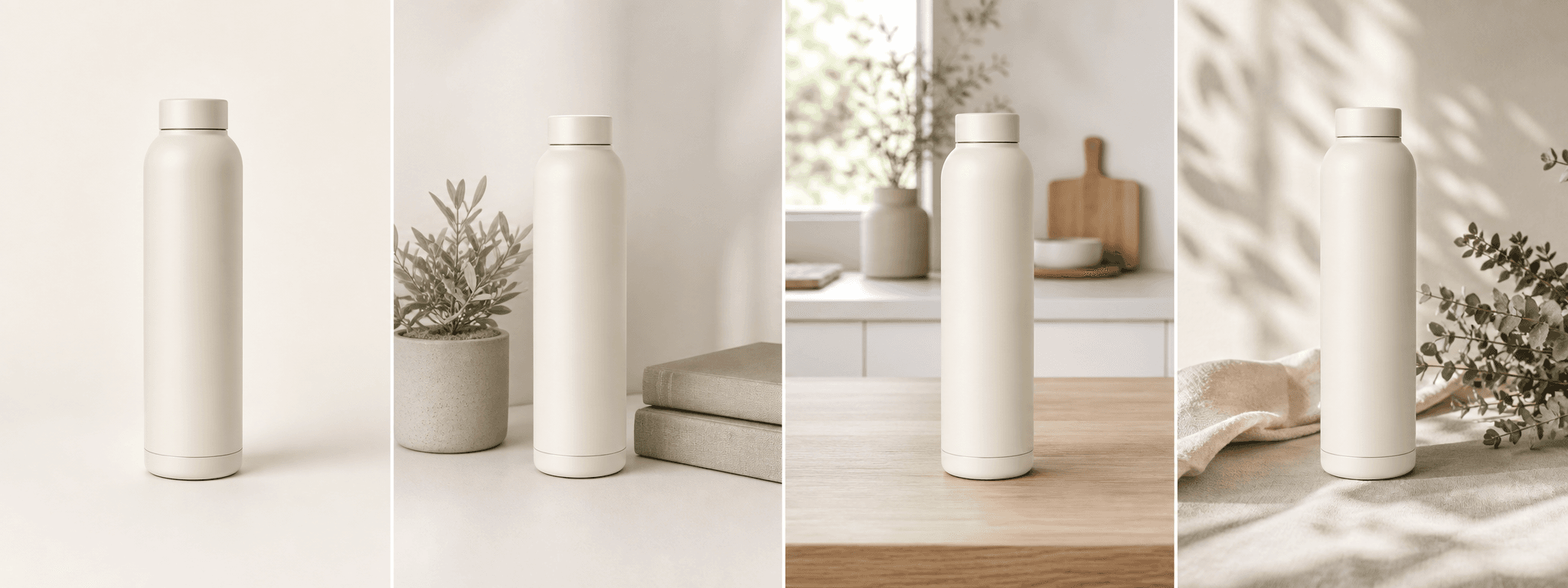 A reusable bottle shown before and in three clean marketplace product photography scenes