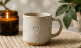 Ceramic mug beside a candle and leaves