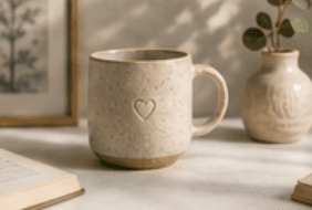 Ceramic mug in a calm handmade studio