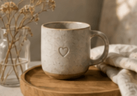 Ceramic mug on a wooden tray with dried flowers